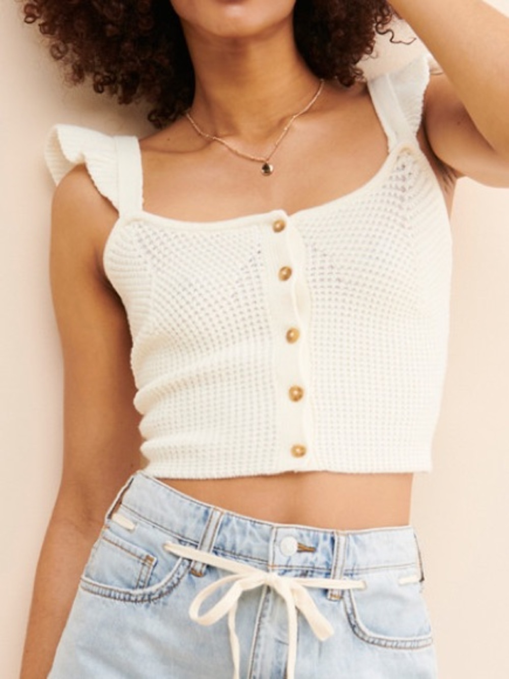 Urban Outfitters Cream Knit Ruffle Strap Button-Front Crop Top